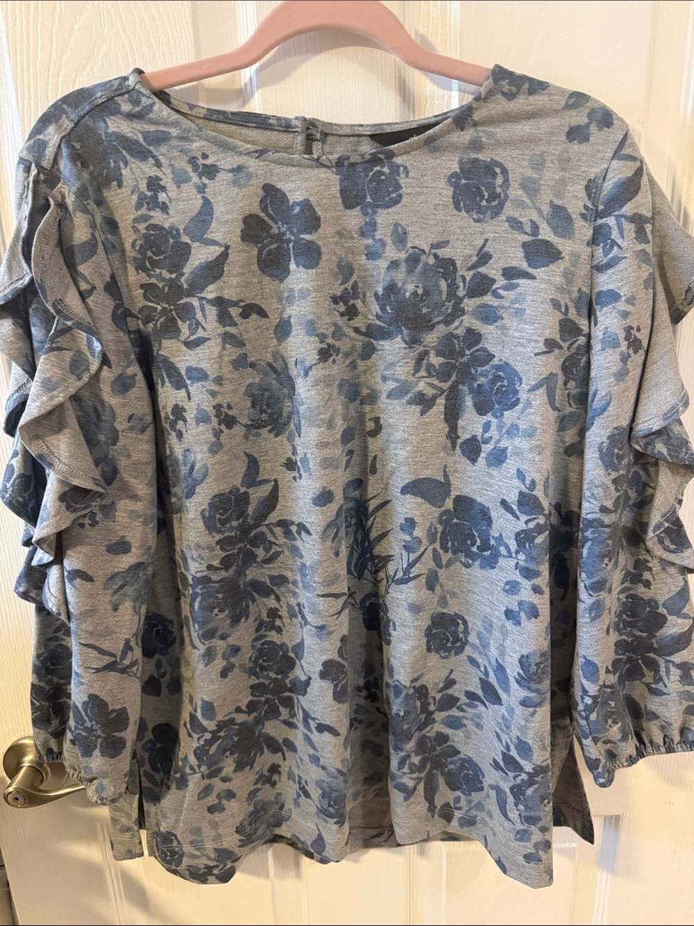 Ali Miles Blue Floral Ruffle Sleeve Long Sleeve Top